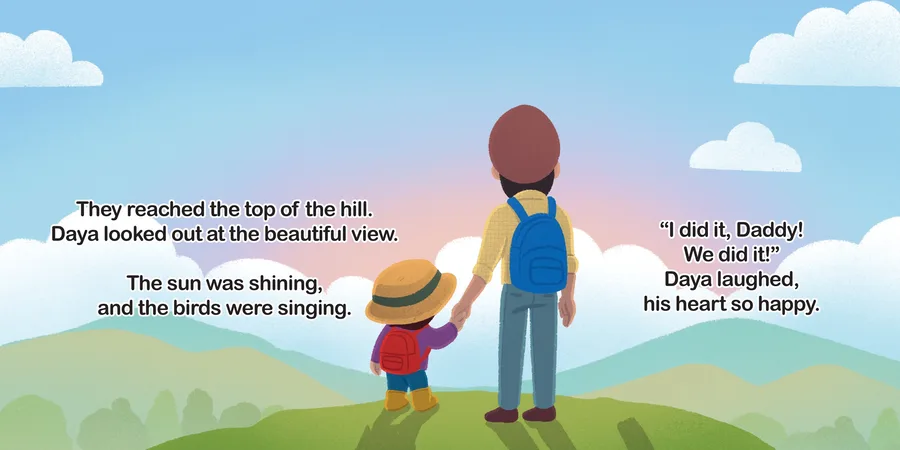 Spread: Daya and Daddy reaching the top of the hill with a wide view