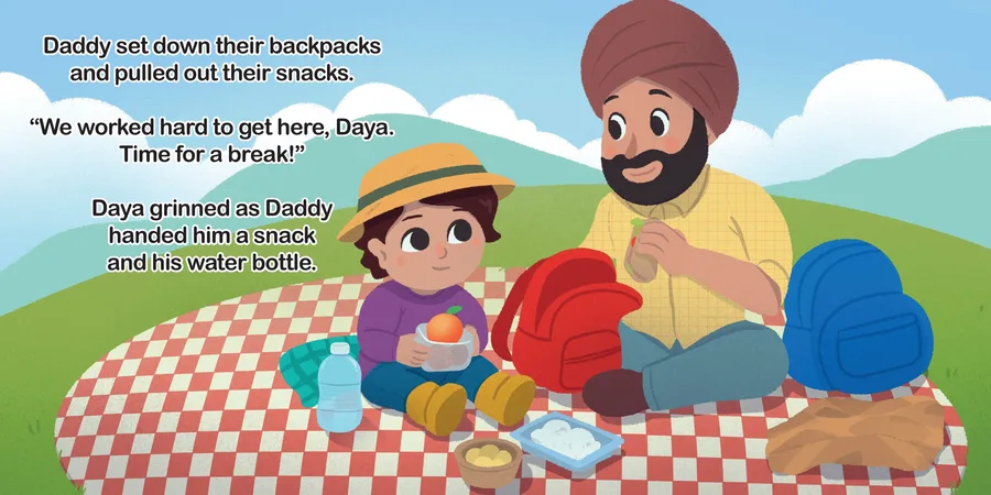 Spread: Daya and Daddy enjoying a picnic on a blanket at the top of the hill