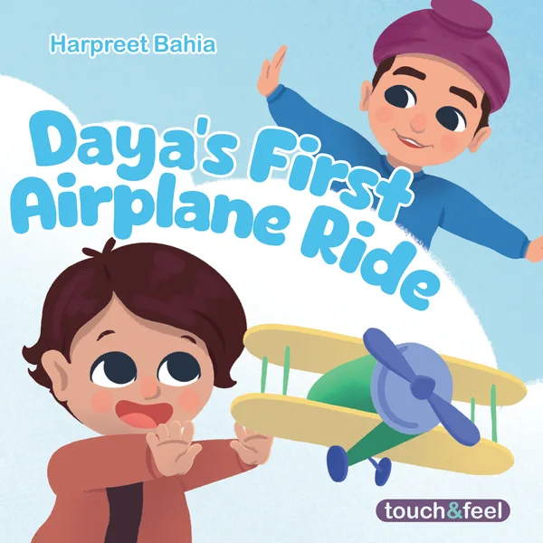 Front cover of Daya's First Airplane Ride: Daya and his big brother Kabir smiling beside an airplane in a sky full of clouds
