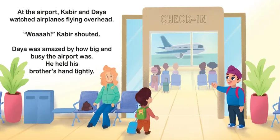 Spread: Daya and Kabir checking in their suitcase at the airport counter