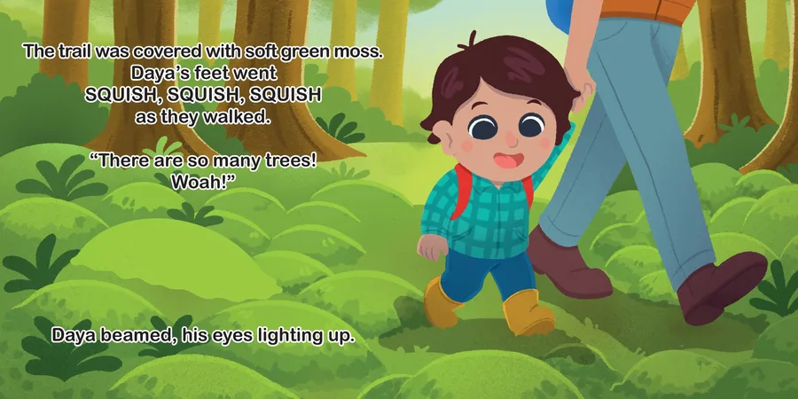 Spread: Daya touching a patch of soft green moss on the forest path