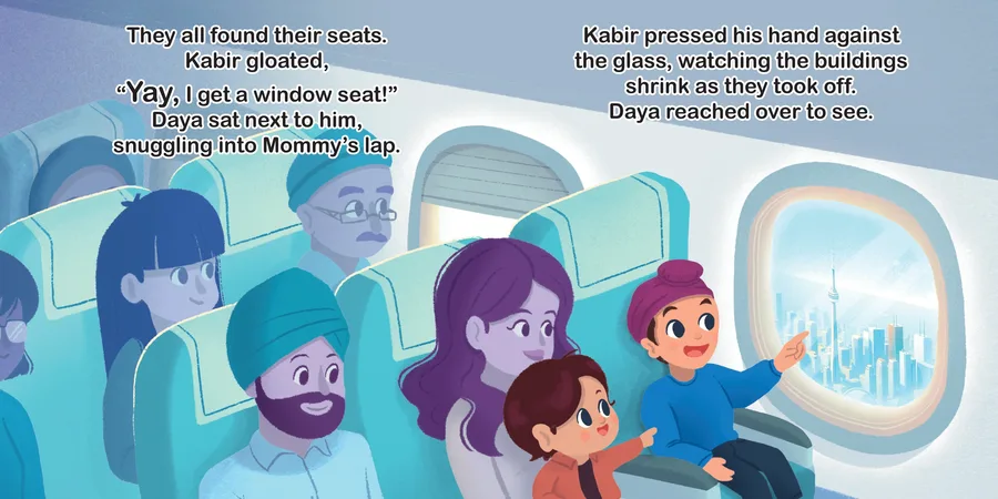 Spread: Daya looking out of his window seat as the airplane takes off