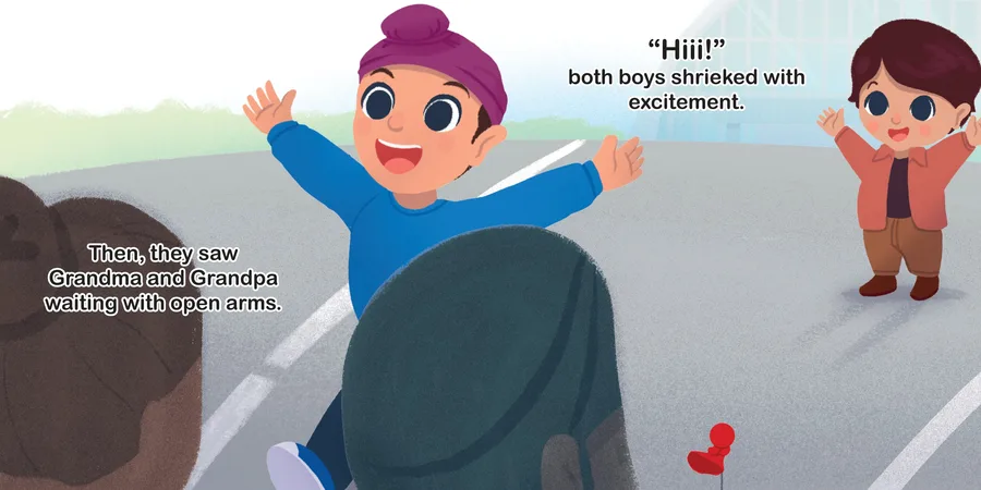 Spread: Grandma and Grandpa greeting Daya and Kabir with a big hug after landing